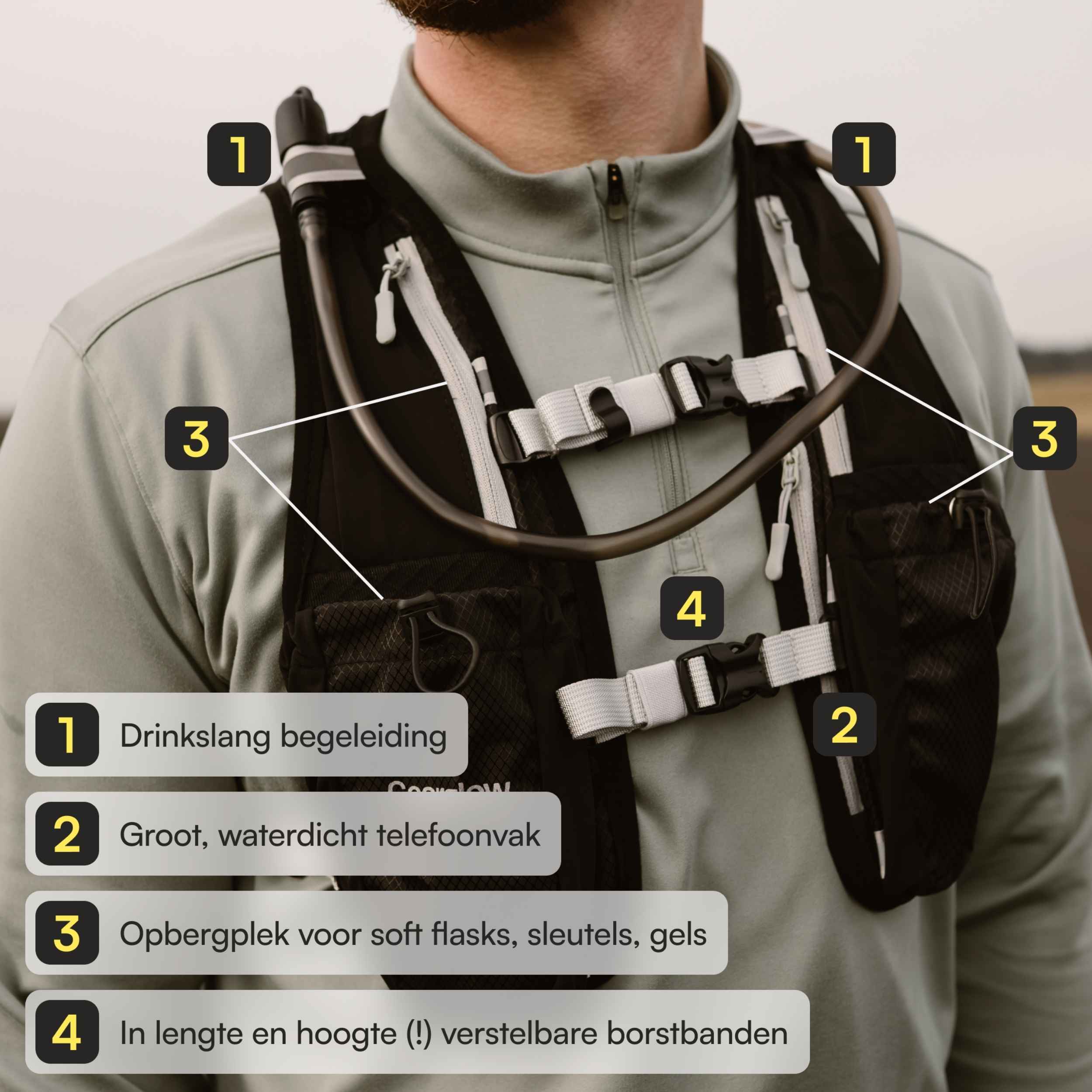 Hardloopvest met 2L Waterzak en Drinkslang